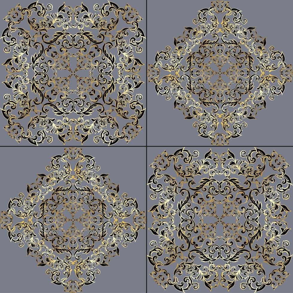 Seamless patchwork tile. Majolica pottery tile. Portuguese and Spain decor. Ceramic tile in talavera style. Vector illustration.  Abstract seamless patchwork pattern with geometric and floral ornament