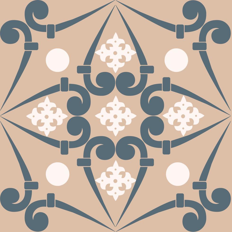Seamless patchwork tile. Majolica pottery tile. Portuguese and Spain decor. Ceramic tile in talavera style. Vector illustration.  Abstract seamless patchwork pattern with geometric and floral ornament