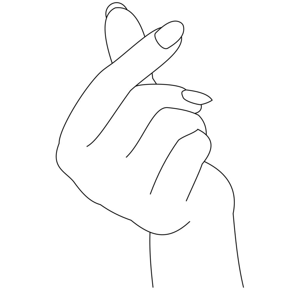 dibujo lineal de ilustración de una mujer haciendo y mostrando gestos mini símbolos cardíacos con la mano y el dedo. símbolo coreano del amor con los dedos aislado en fondos blancos vector