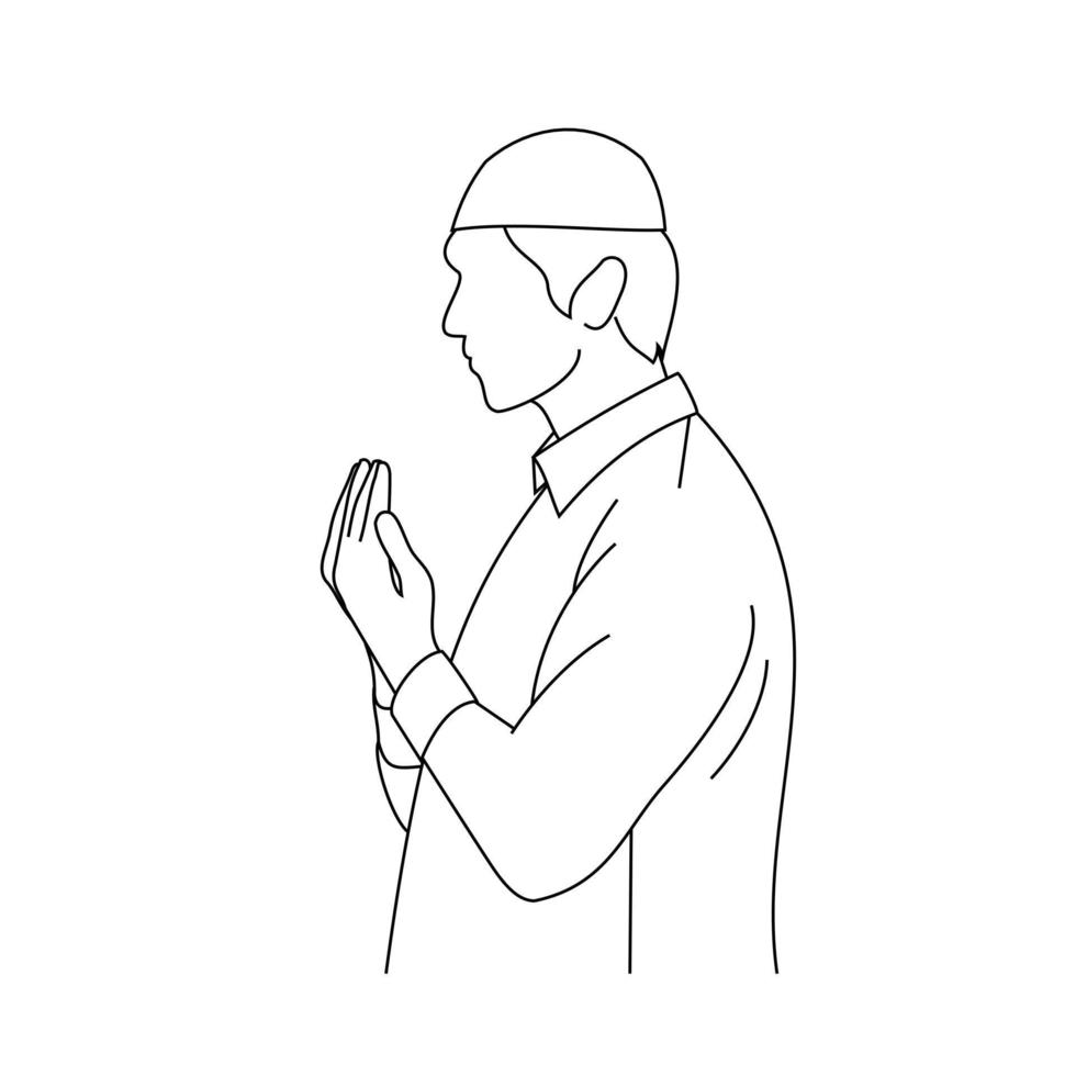 Illustration line drawing of people praying with hand up. For ramadan, eid al fitr, or church concept. Begging for forgiveness and believe in goodness. Prayer to god with faith and hope. Belief in god vector