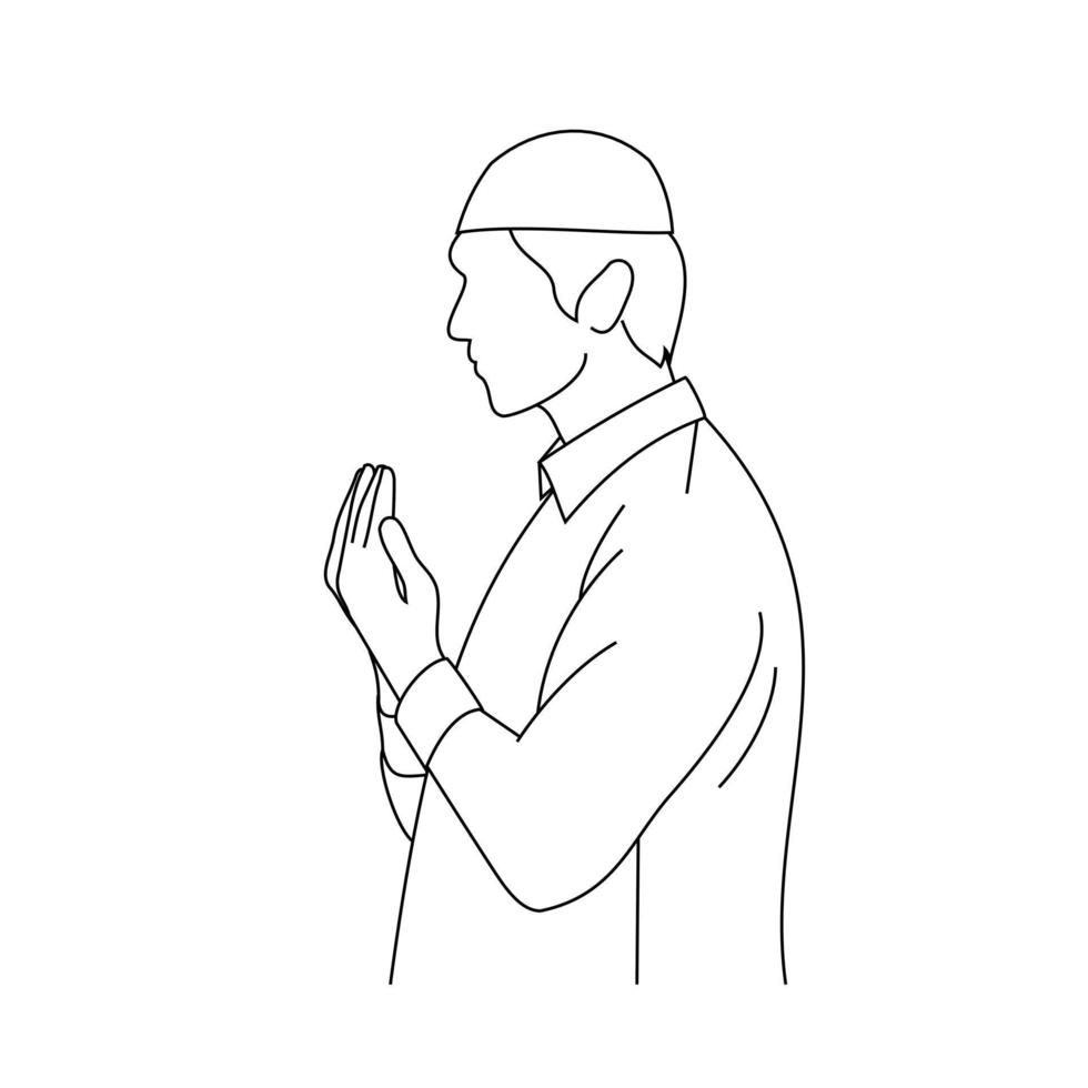 dibujo de líneas ilustrativas de personas rezando con la mano arriba. para ramadán, eid al fitr o concepto de iglesia. pidiendo perdón y creer en la bondad. oración a dios con fe y esperanza. Creer en dios vector