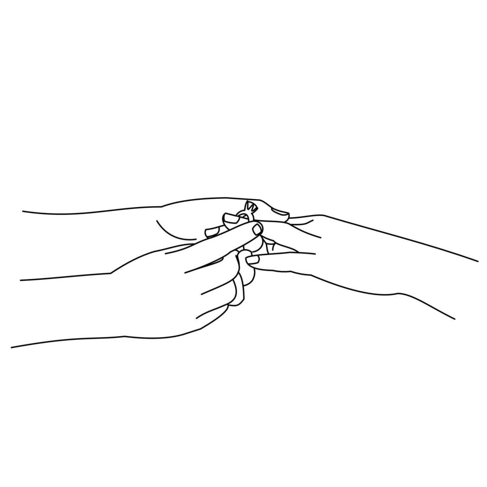 Illustration of line drawing a closeup of hands exchanging wedding rings. Wedding couple hands. Groom put a wedding ring on bride hand. Man placing an engagement ring on his girlfriend's ring finger vector