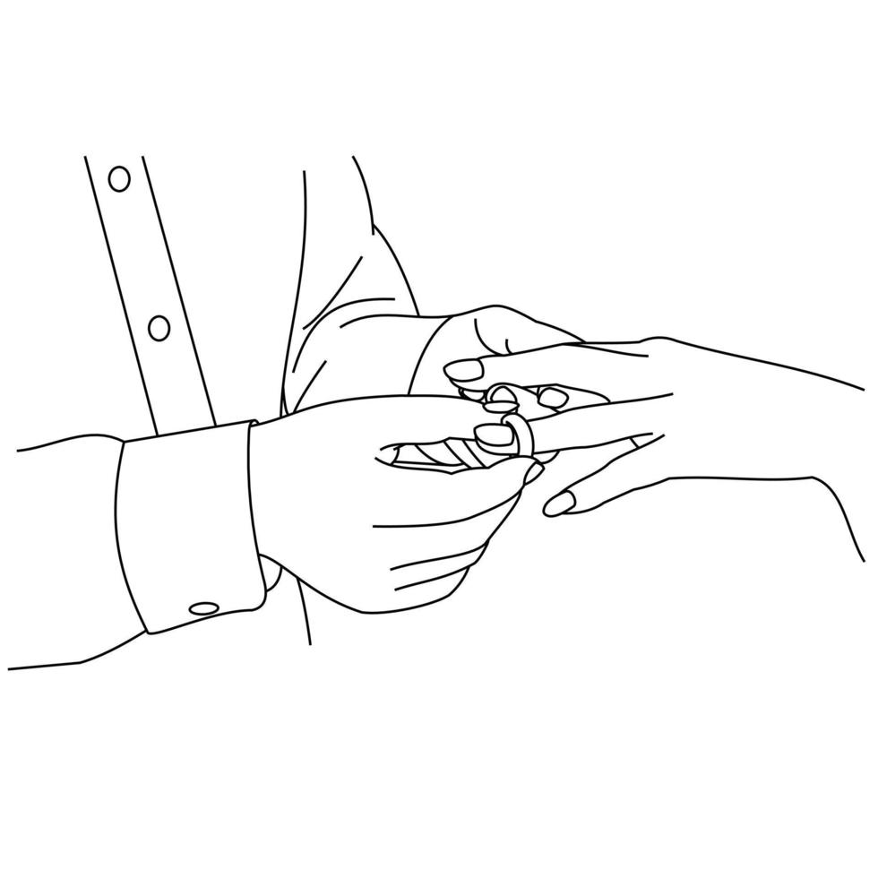 ilustración de un dibujo lineal de un primer plano de manos intercambiando anillos de boda. manos de novios. el novio puso un anillo de bodas en la mano de la novia. hombre colocando un anillo de compromiso en el dedo anular de su novia vector