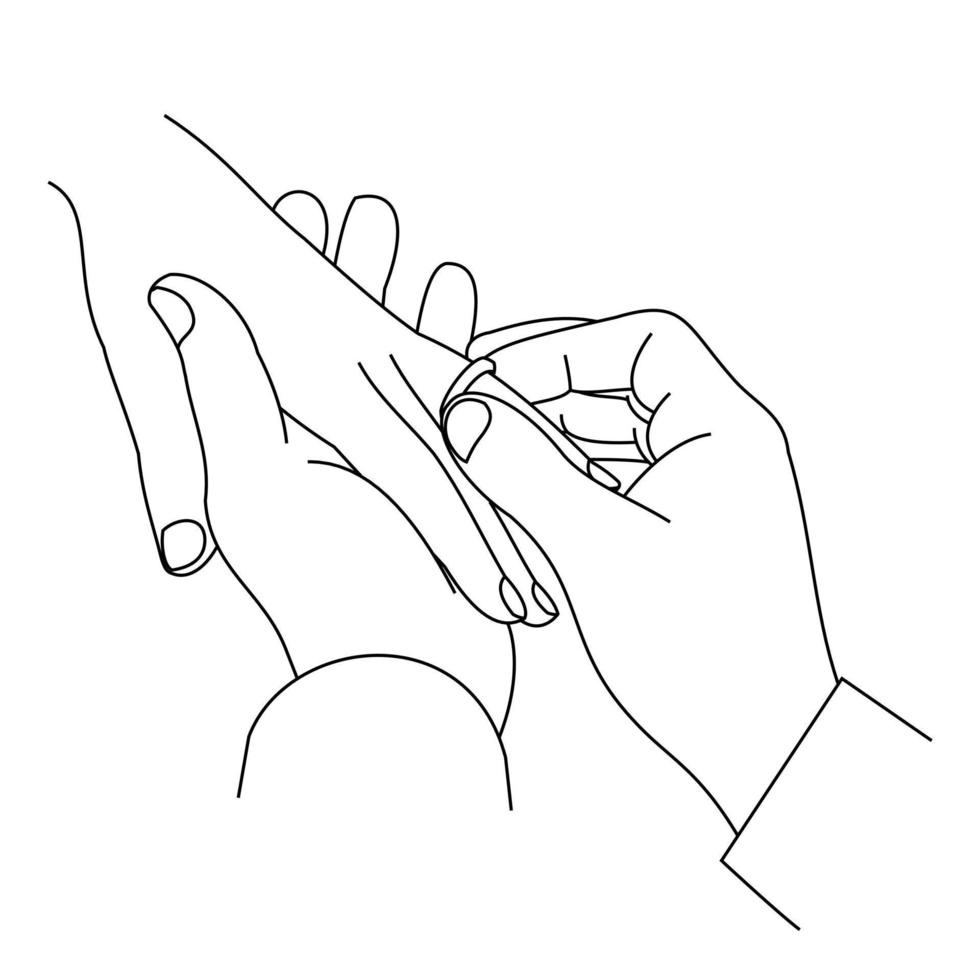 ilustración de un dibujo lineal de un primer plano de manos intercambiando anillos de boda. manos de novios. el novio puso un anillo de bodas en la mano de la novia. hombre colocando un anillo de compromiso en el dedo anular de su novia vector