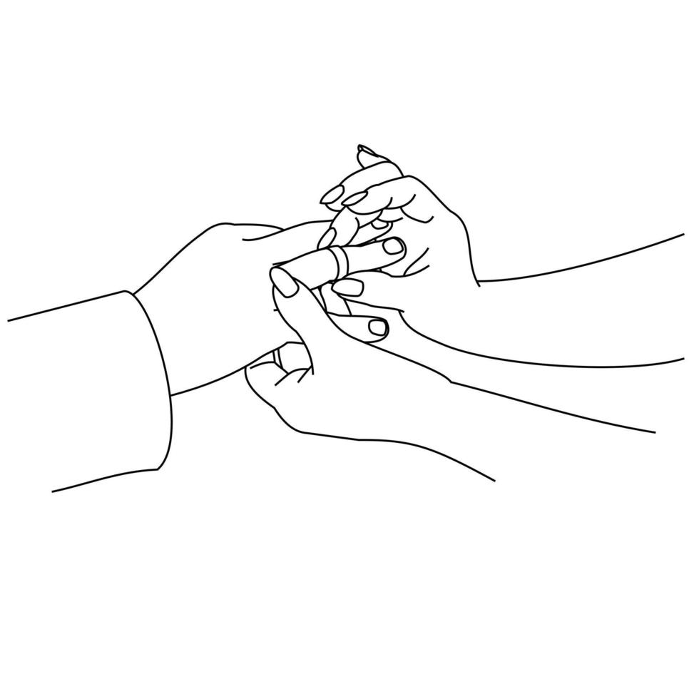 ilustración de un dibujo lineal de un primer plano de manos intercambiando anillos de boda. manos de novios. el novio puso un anillo de bodas en la mano de la novia. hombre colocando un anillo de compromiso en el dedo anular de su novia vector