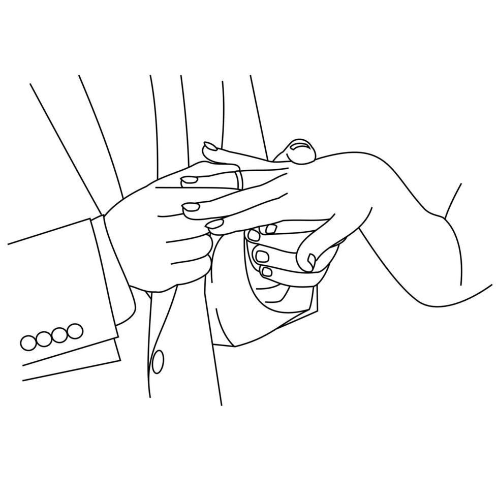 ilustración de un dibujo lineal de un primer plano de manos intercambiando anillos de boda. manos de novios. el novio puso un anillo de bodas en la mano de la novia. hombre colocando un anillo de compromiso en el dedo anular de su novia vector