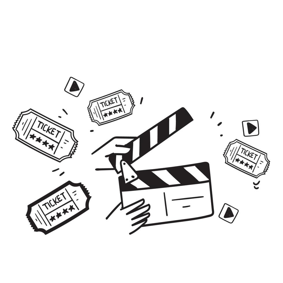 hand drawn doodle clapper board and ticket illustration vector