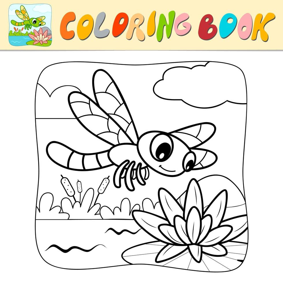 Coloring book or Coloring page for kids. Dragonfly black and white vector illustration. Nature background