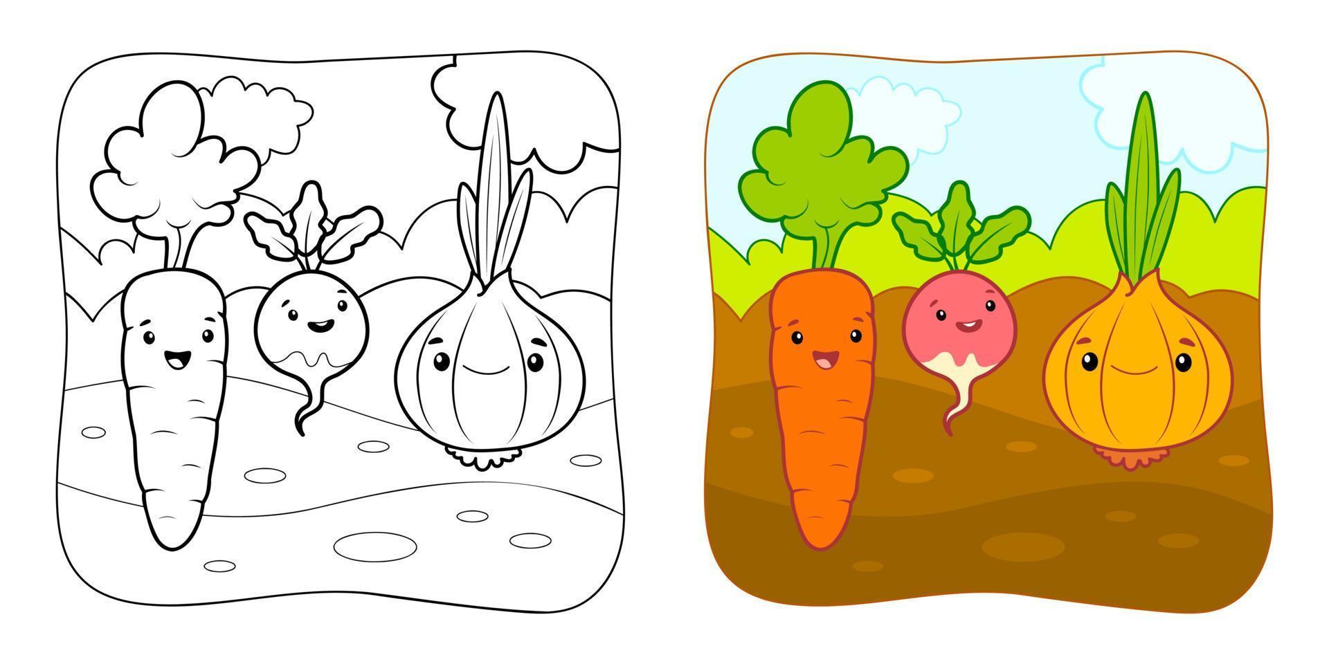 Coloring book or Coloring page for kids. Vegetables vector illustration clipart. Nature background.