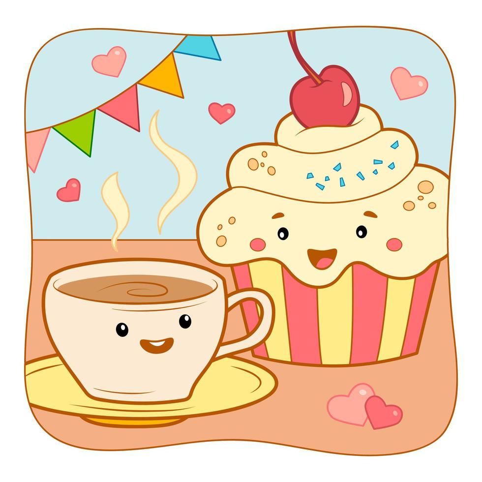 Cute Tea and cake cartoon. Tea and cake clipart vector illustration. Nature background