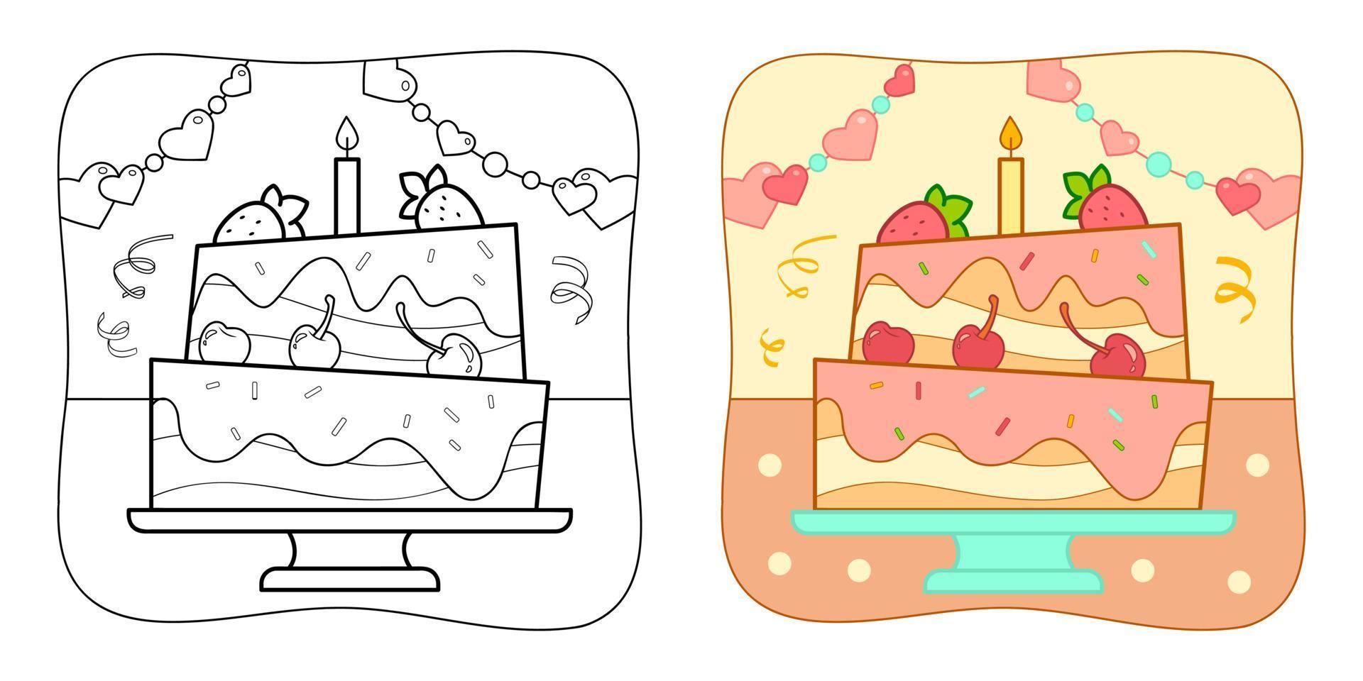 Coloring book or Coloring page for kids. Cake vector illustration clipart. Nature background.