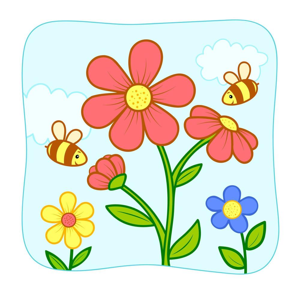 Cute Flower and bees cartoon. Flower and bees clipart vector illustration. Nature background