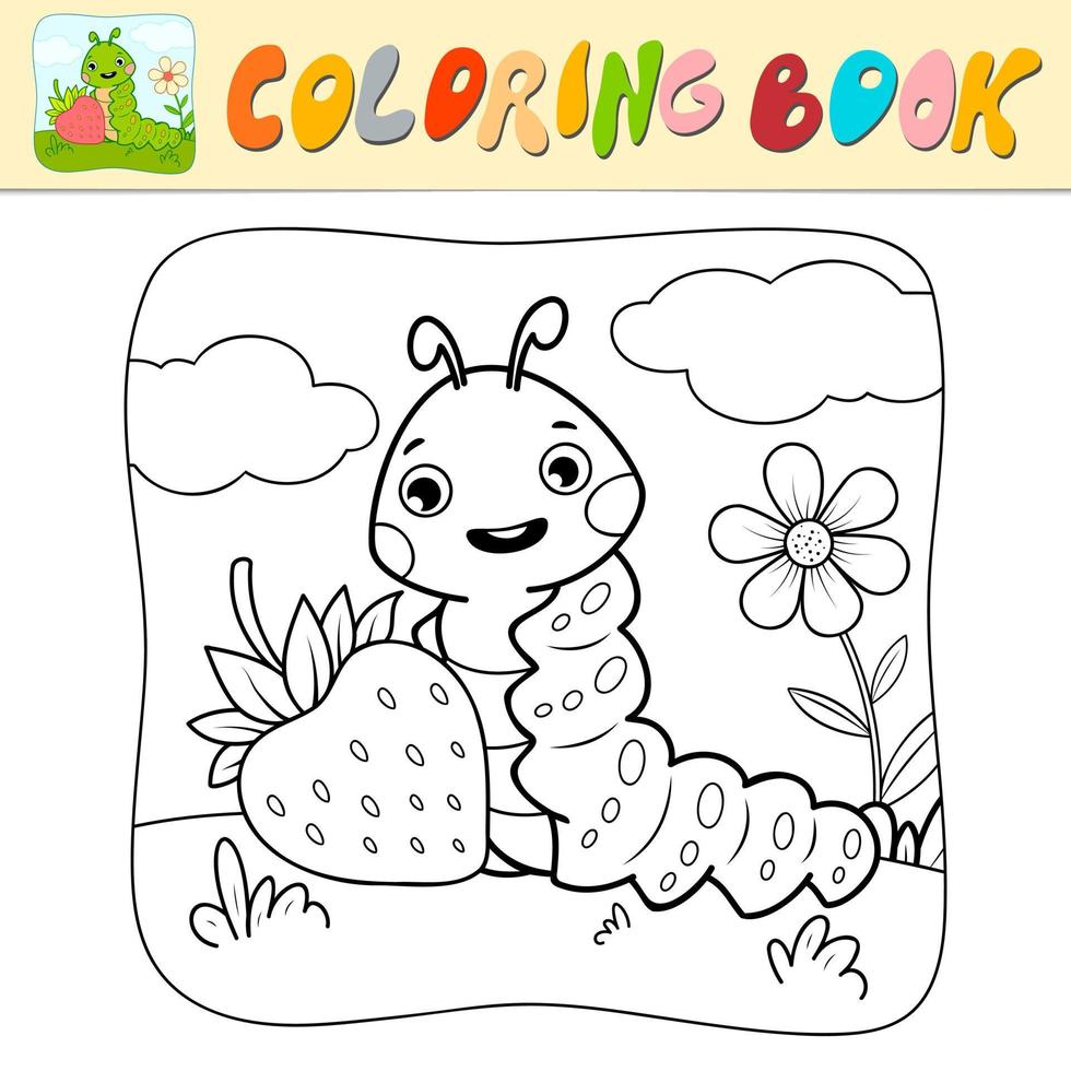 Coloring book or Coloring page for kids. Caterpillar black and white vector illustration. Nature background