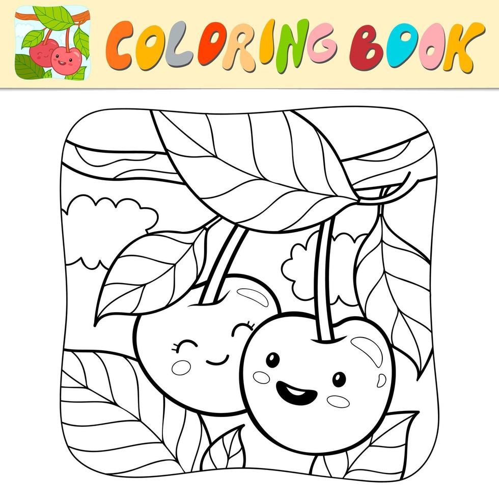 Coloring book or Coloring page for kids. Cherry black and white vector illustration. Nature background