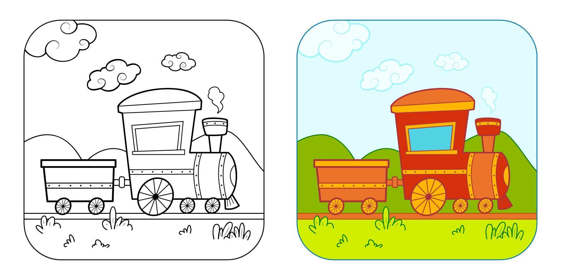 Coloring book or Coloring page for kids. Train vector illustration clipart. Nature background.