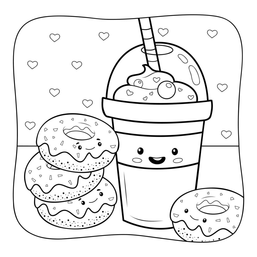 donuts y bebida en blanco y negro. libro para colorear o página para colorear para niños. ilustración de vector de fondo de naturaleza