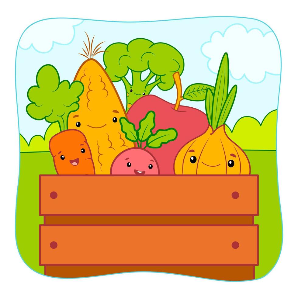 linda caricatura de verduras. ilustración vectorial de imágenes prediseñadas de verduras. fondo de la naturaleza vector