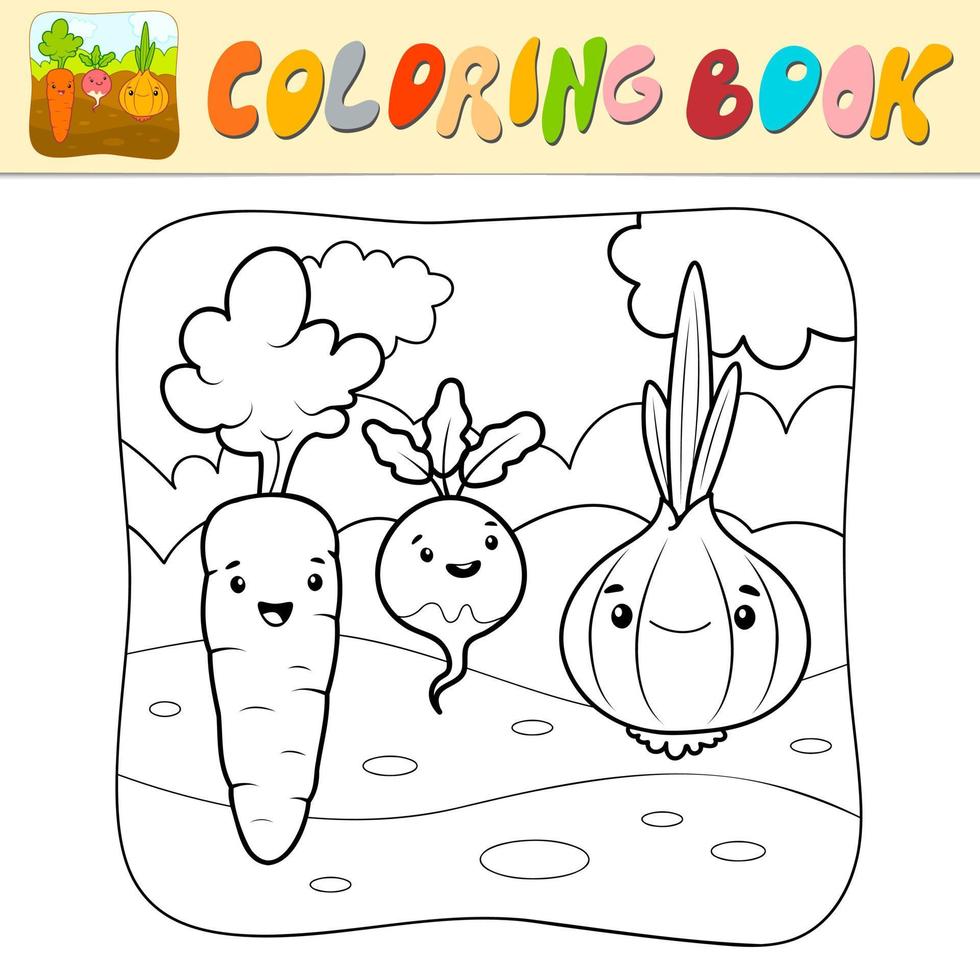 Coloring book or Coloring page for kids. Vegetables black and white vector illustration. Nature background