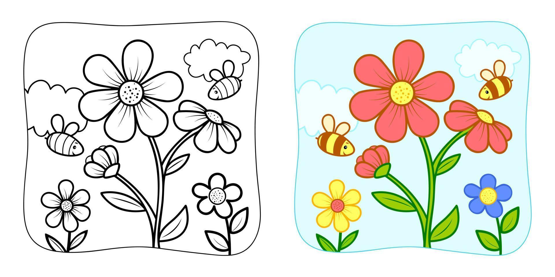 Coloring book or Coloring page for kids. Flower and bees vector illustration clipart. Nature background.