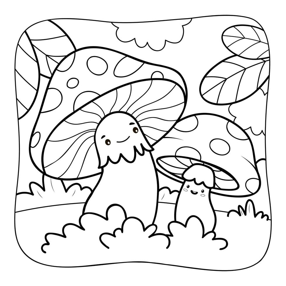 champiñones en blanco y negro. libro para colorear o página para colorear para niños. ilustración de vector de fondo de naturaleza