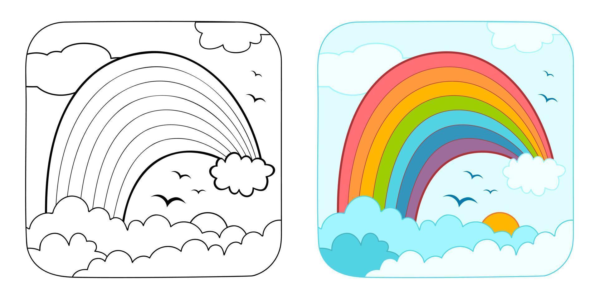 libro para colorear o página para colorear para niños. imágenes prediseñadas de ilustración vectorial de arco iris. fondo de la naturaleza. vector