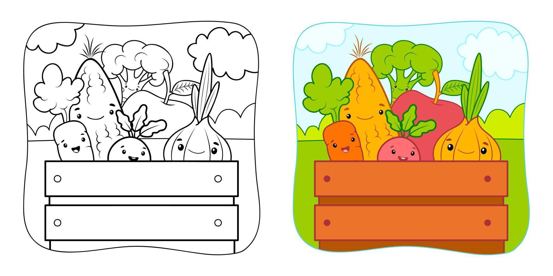 Coloring book or Coloring page for kids. Vegetables vector illustration clipart. Nature background.