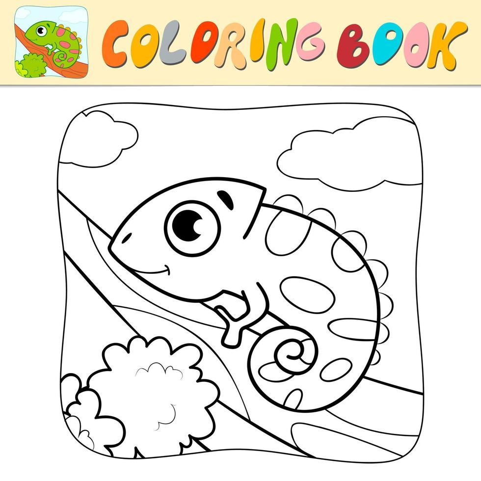 Coloring book or Coloring page for kids. Iguana black and white vector illustration. Nature background