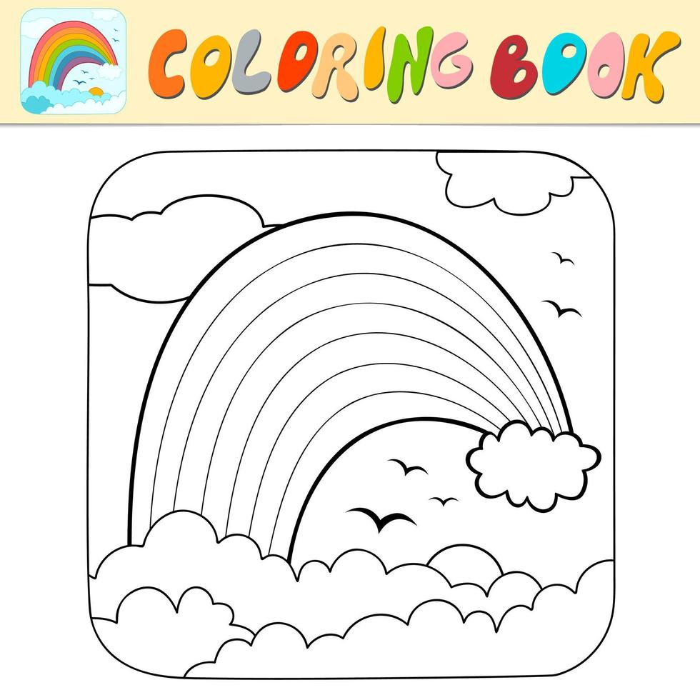 Coloring book or Coloring page for kids. Rainbow black and white vector illustration. Nature background