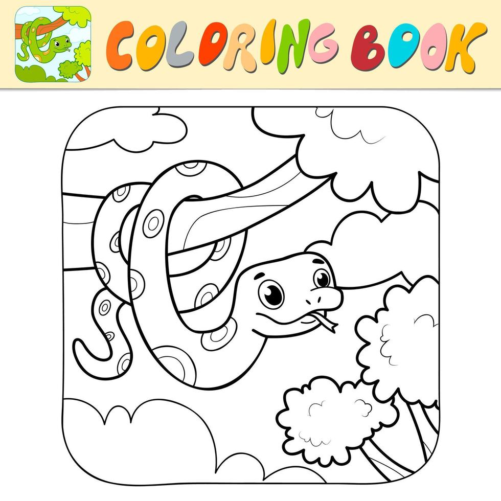 Coloring book or Coloring page for kids. Snake black and white vector illustration. Nature background