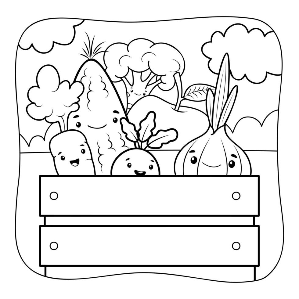 Vegetables black and white. Coloring book or Coloring page for kids. Nature background vector illustration