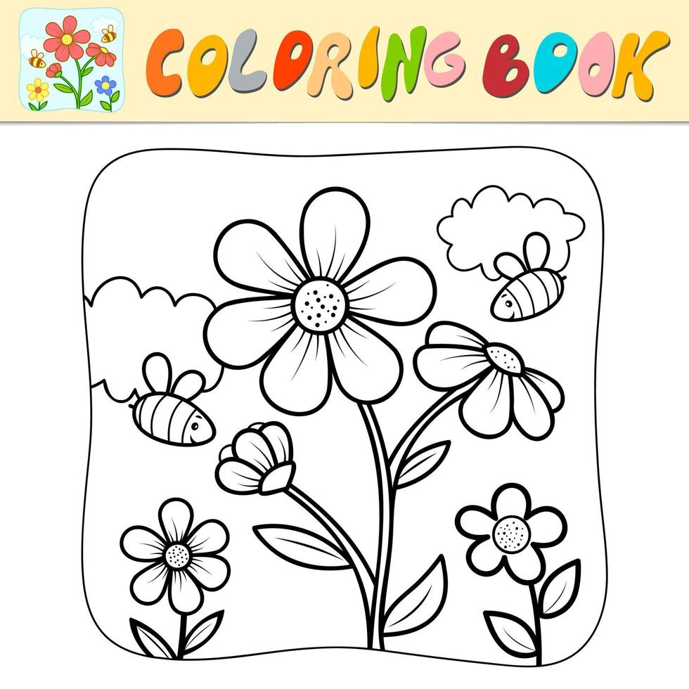 Coloring book or Coloring page for kids. Flower and bees black and white vector illustration. Nature background