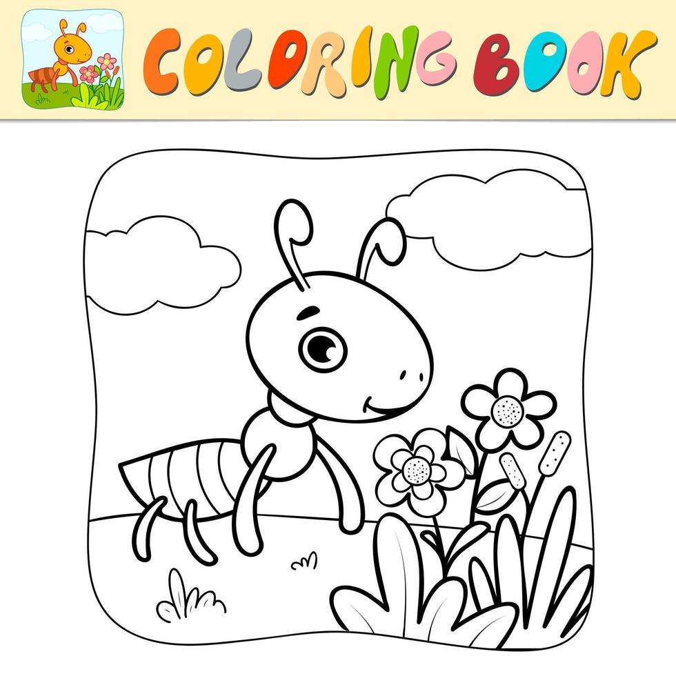 Coloring book or Coloring page for kids. Ant black and white vector illustration. Nature background