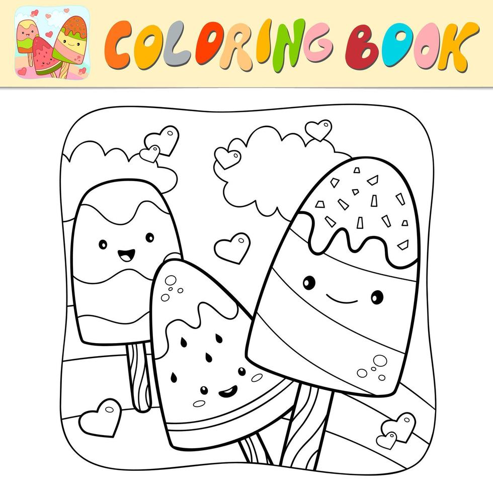 Coloring book or Coloring page for kids. Ice cream black and white vector illustration. Nature background