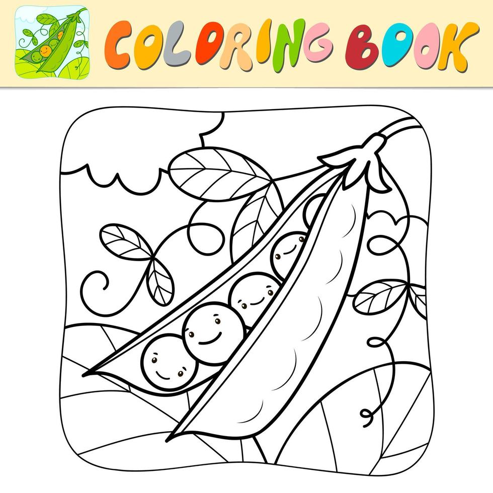 Coloring book or Coloring page for kids. Peas black and white vector illustration. Nature background