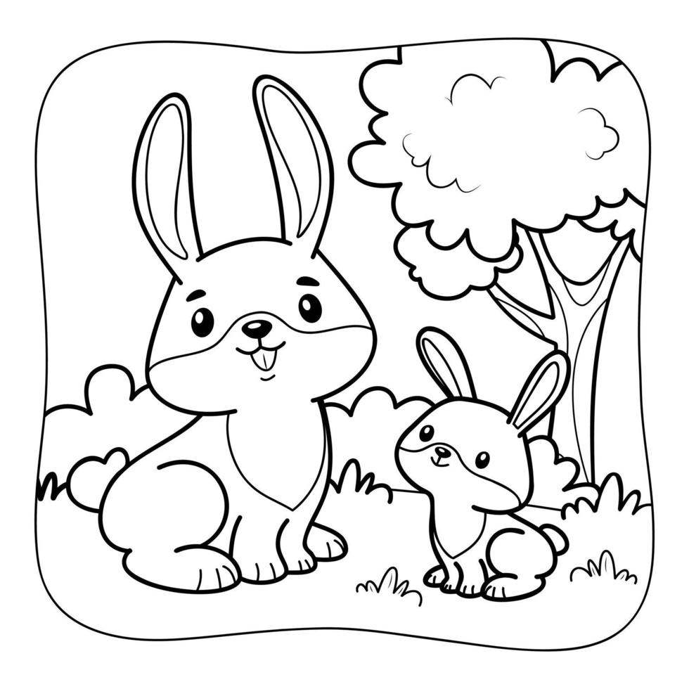 Rabbit black and white. Coloring book or Coloring page for kids. Nature background vector illustration