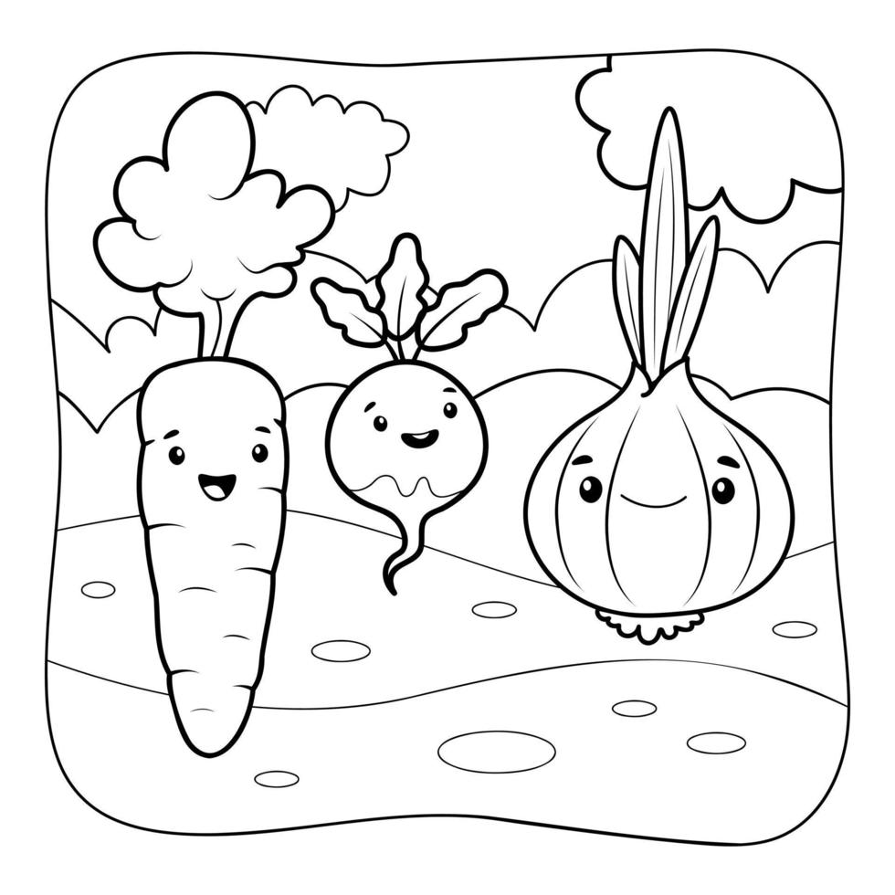 Vegetables black and white. Coloring book or Coloring page for kids. Nature background vector illustration
