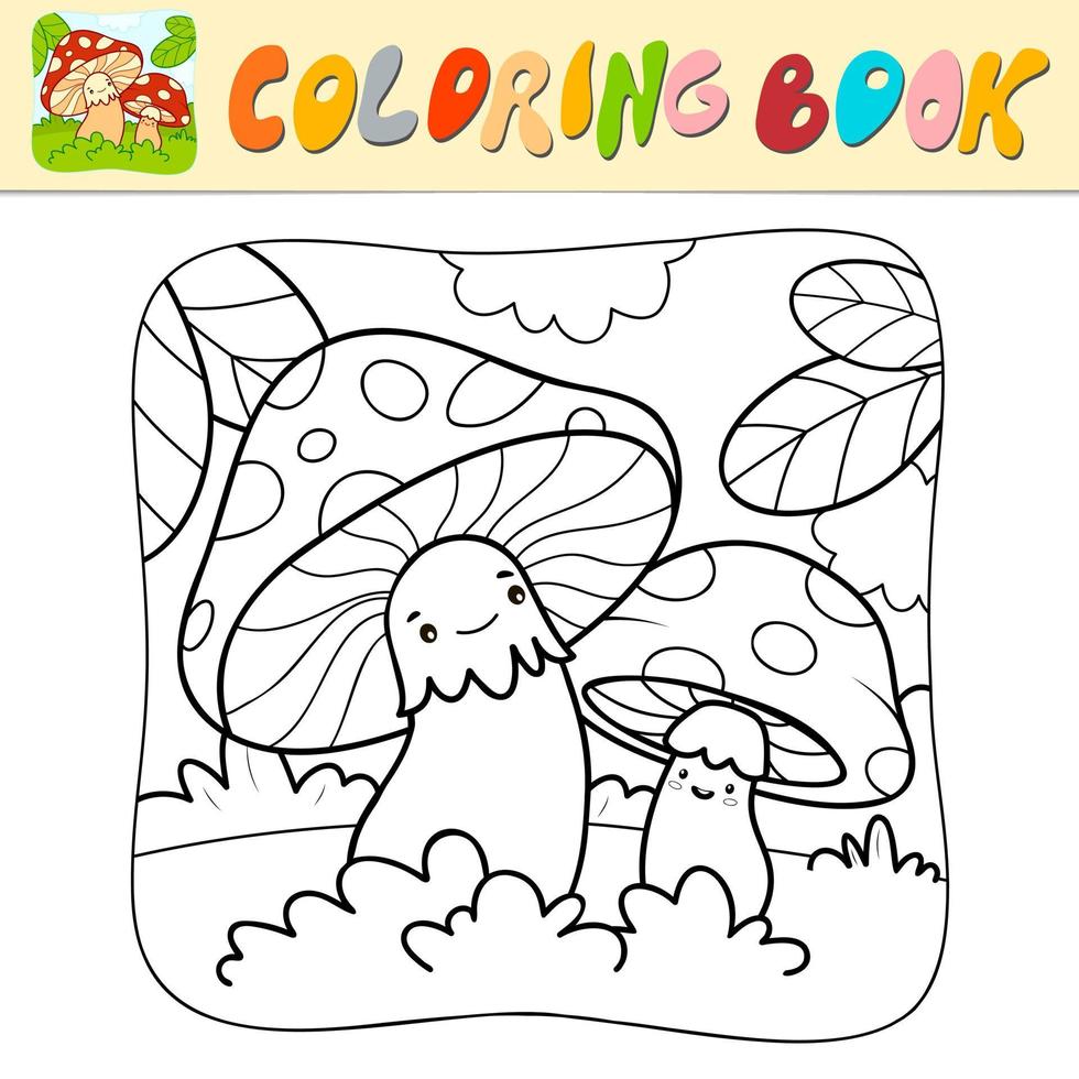 Coloring book or Coloring page for kids. Mushrooms black and white vector illustration. Nature background