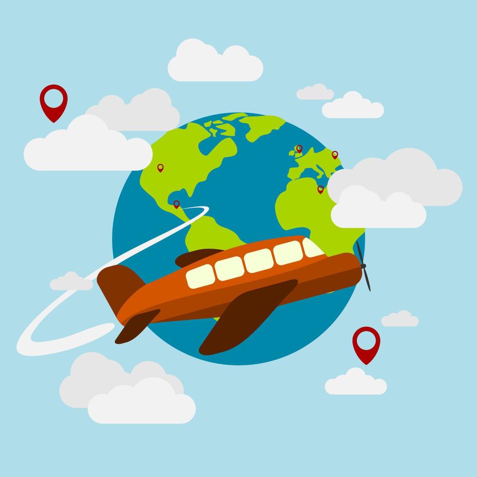 Editable Vector of Airplane with Globe and Cloudy Sky as Travel Illustration