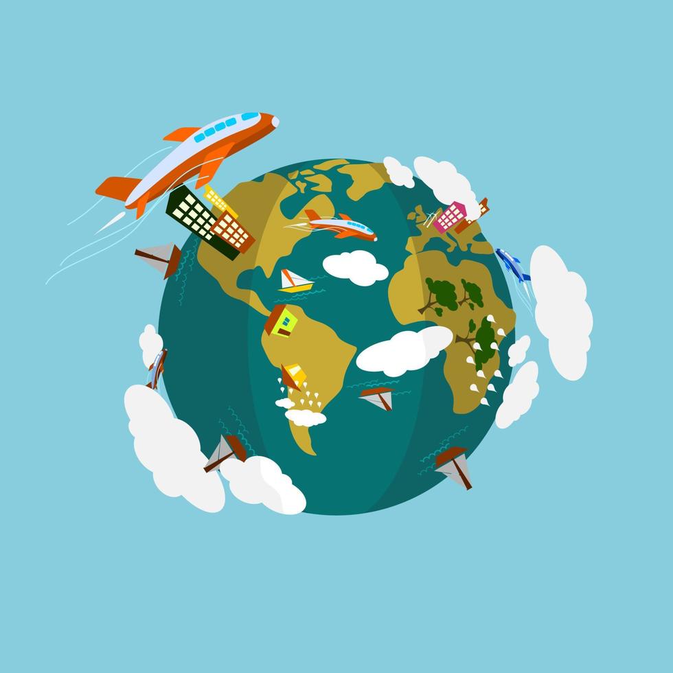 arte vectorial editable de la ilustración de la tierra con aviones y barcos para el día de la tierra o la campaña ambiental de vida verde vector