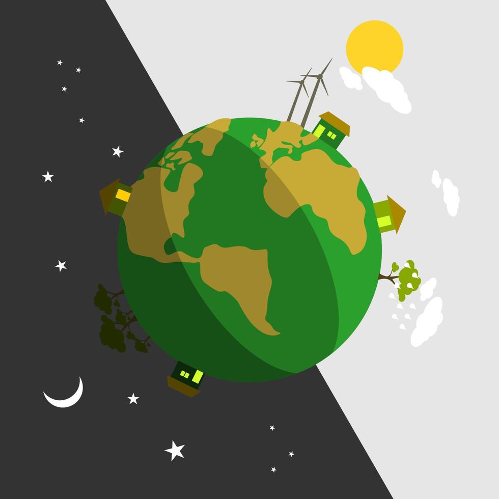 Editable Vector Art of Earth Illustration in Day and Night Scene for Earth Day or Green Life Environment Campaign