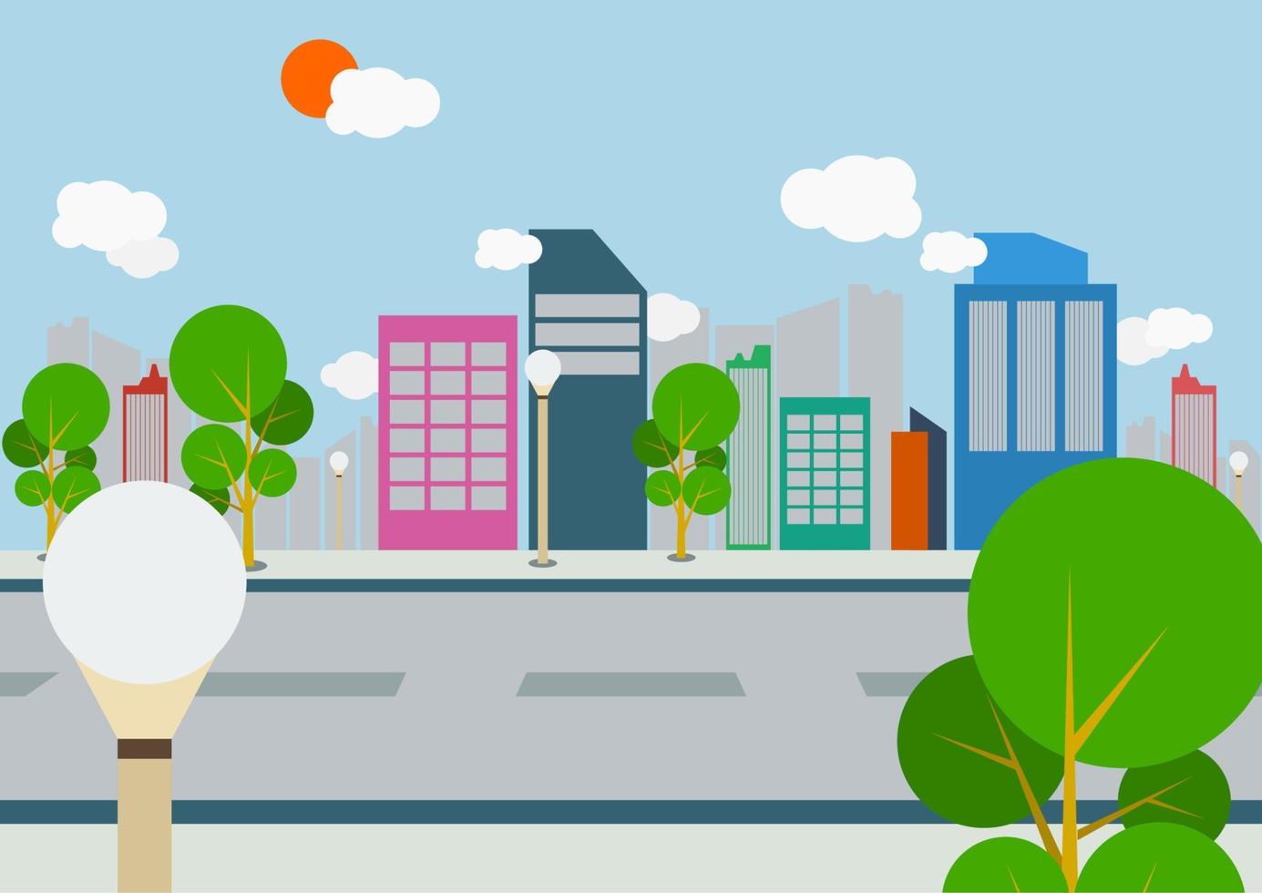 Editable Vector of City with Some Trees and Cloudy Sky in Flat Style for Urban Life Environment Related Illustration