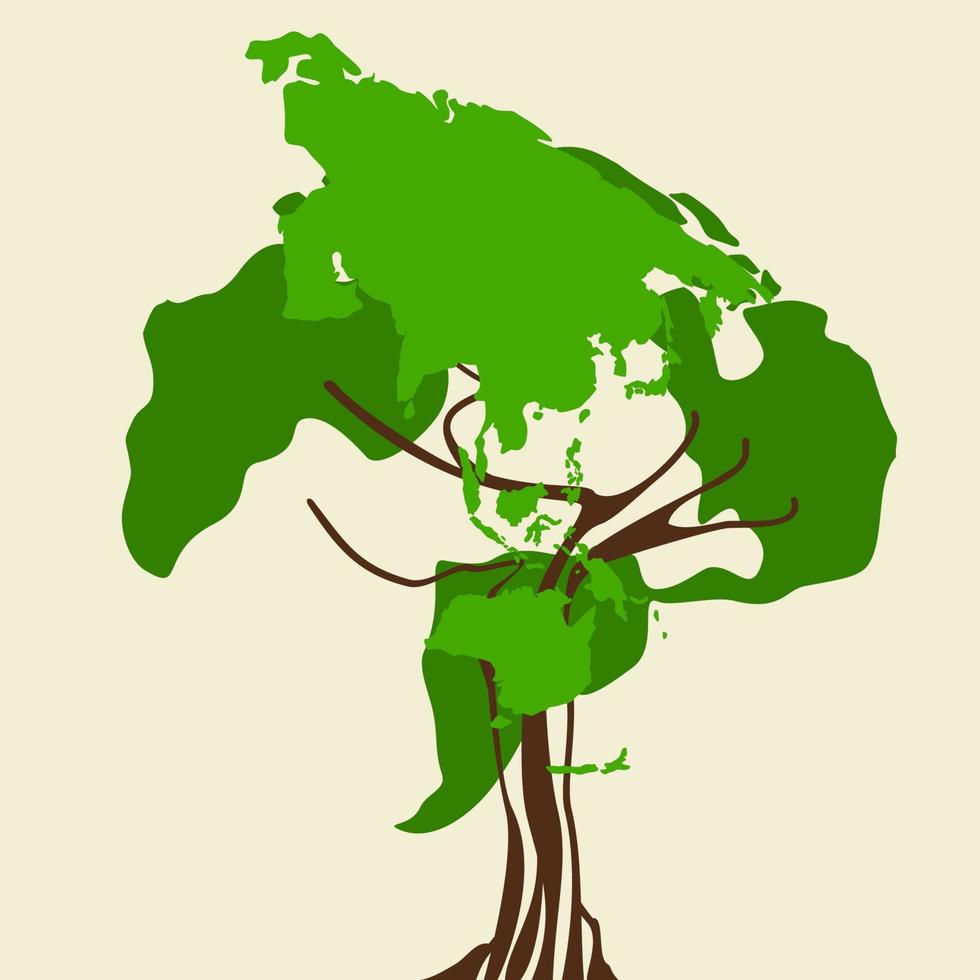 Editable Vector of Tree Illustration Art with World Map as Its Leaves for Earth Day or Green Life Environment Related Project