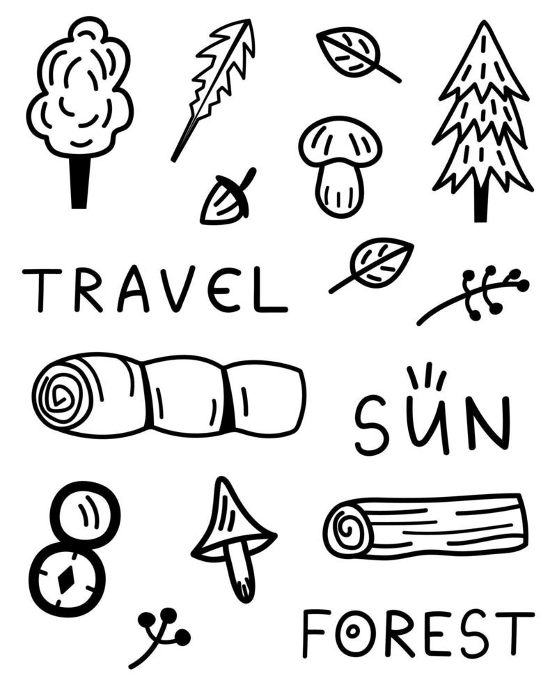 conjunto de elementos aislados de garabatos forestales, camping, caminata por el bosque. pegatinas dibujadas a mano vectorial, árboles de iconos, champiñones, brújula, saco de dormir. vector