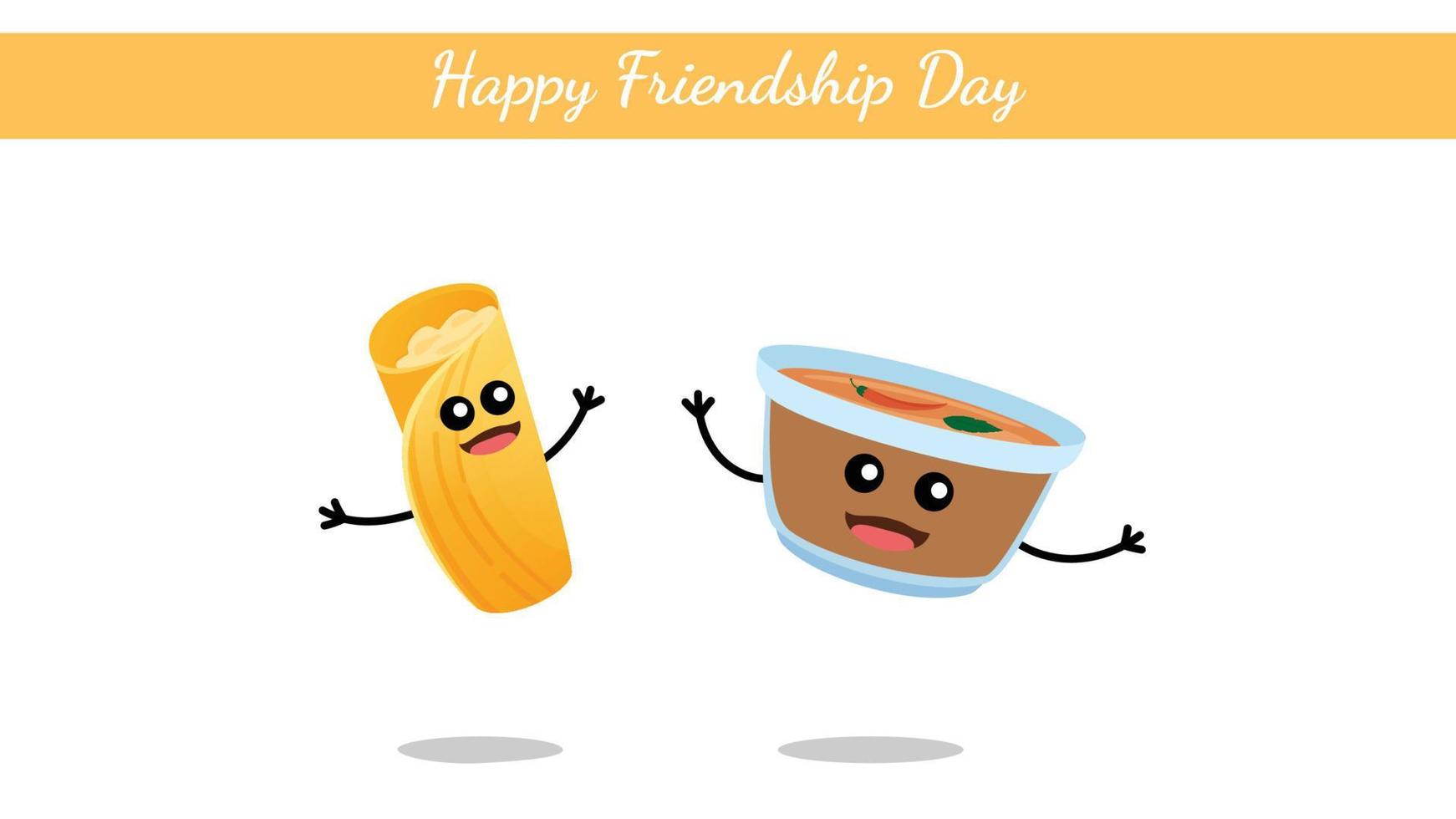 Happy Friendship Day India, South Indian food dosa with sambhar cute character vector on white background.