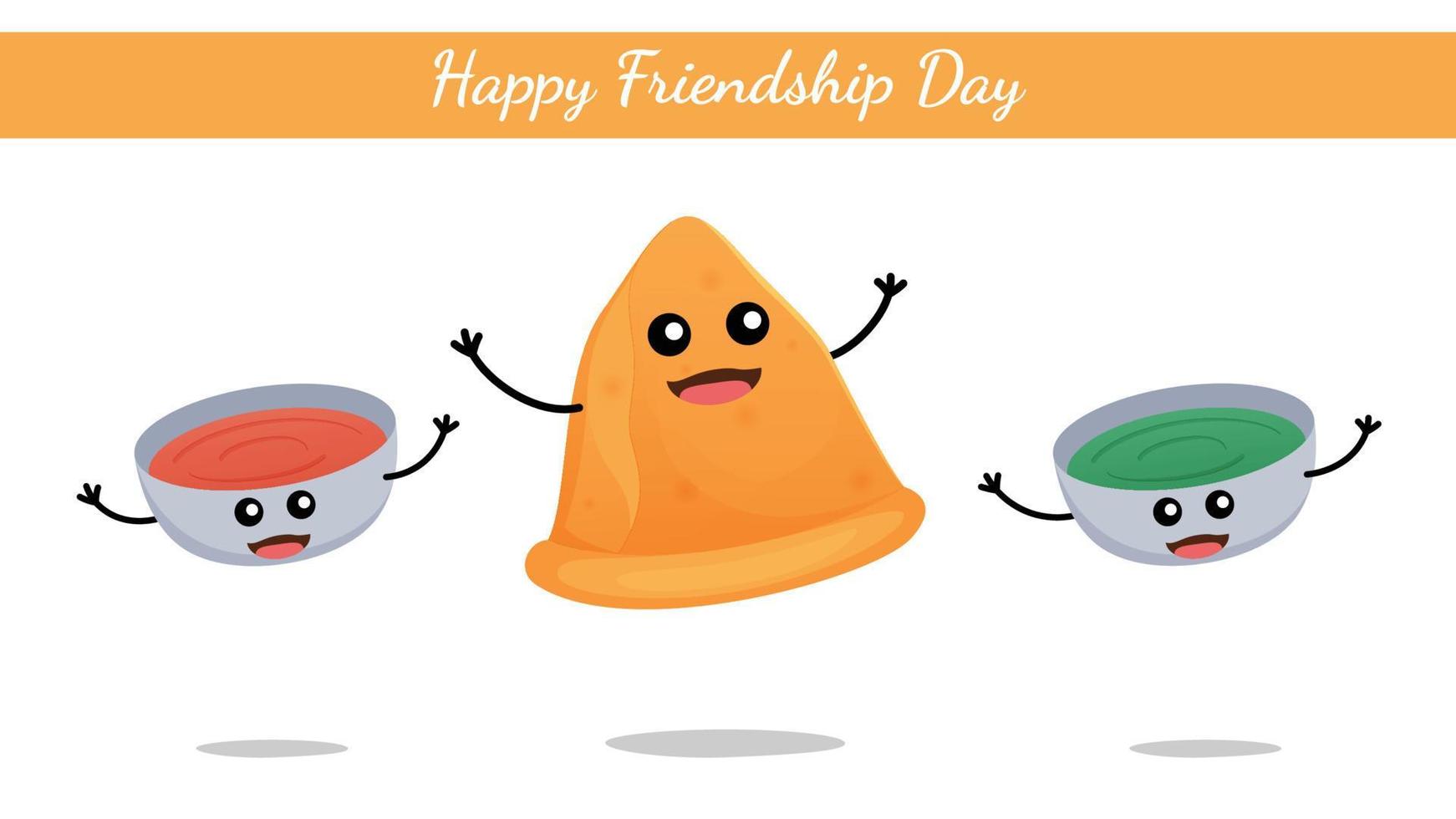 Happy Friendship Day India, North Indian fast food Samosa with green and red chatni cute character vector on white background.