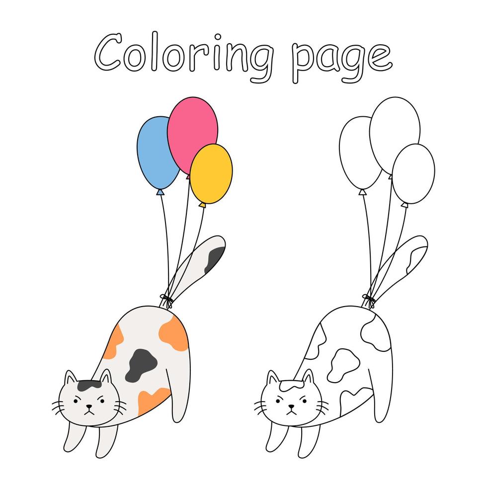 patrón colorido y blanco y negro para colorear. lindo gatito con globos. hoja de trabajo para niños y adultos. ilustración de dibujos animados vectoriales para imprimir. vector