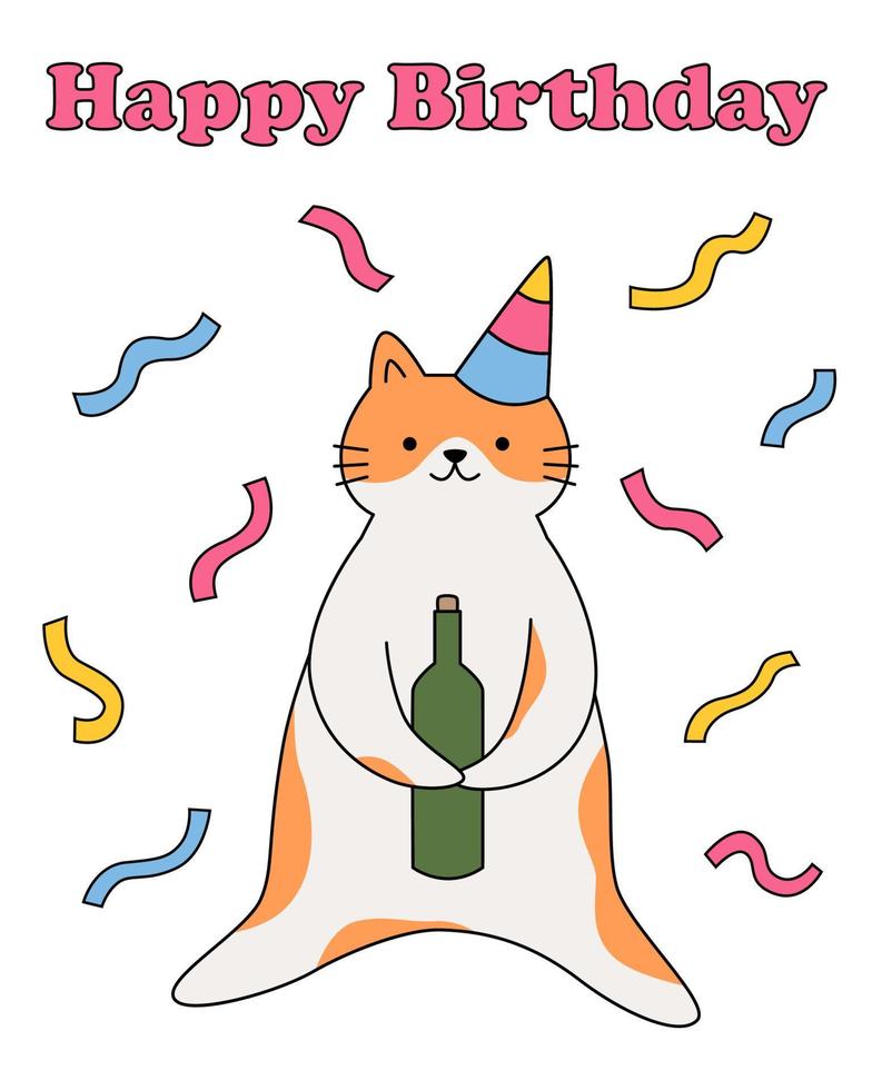 Happy birthday card. Cute cat with a bottle of wine. Vector cartoon illustration for print.
