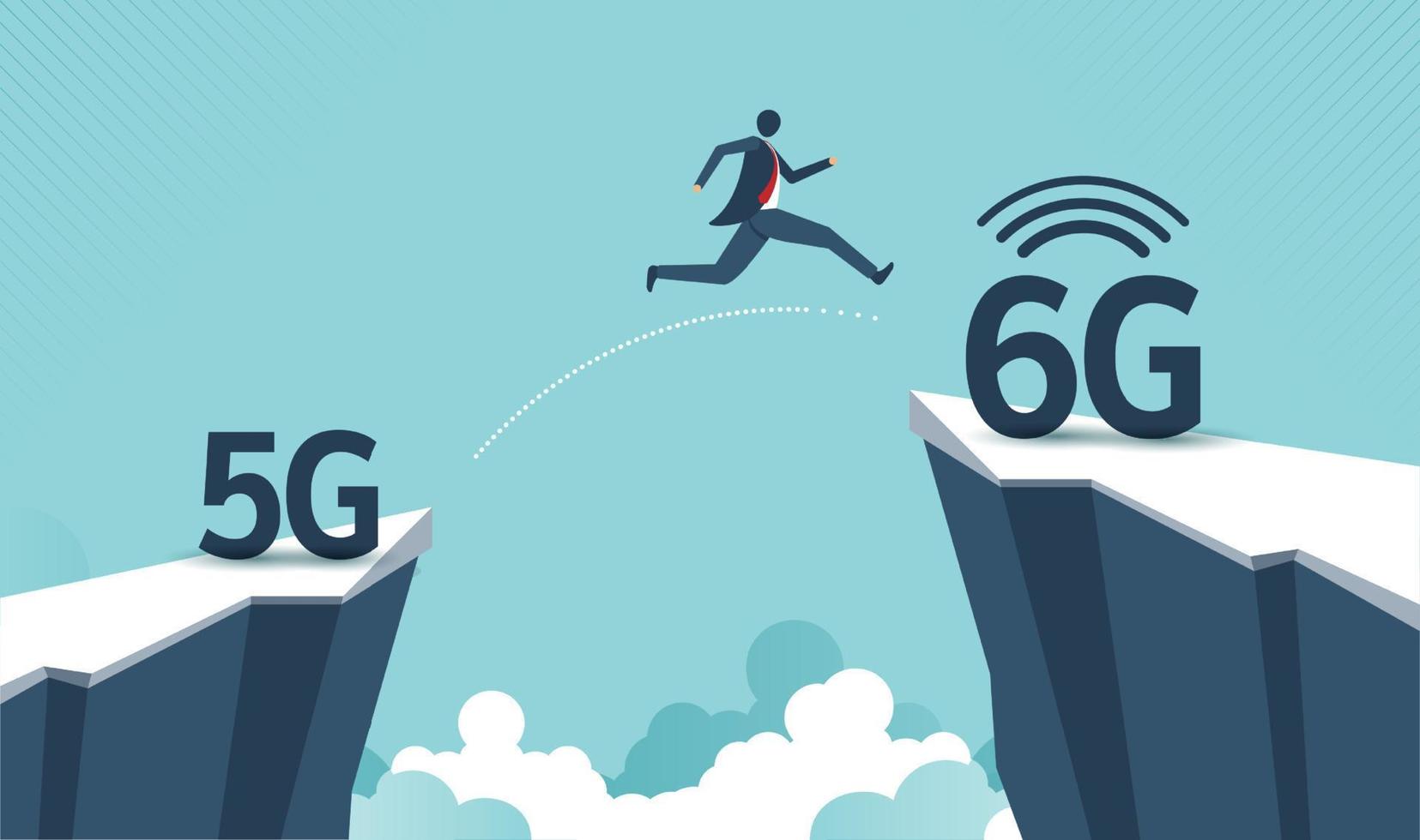 cambio de transformación tecnológica de 5g a 6g por parte de un hombre de negocios que salta de un acantilado de 5g a un acantilado de 6g en el cielo azul. conexión y concepto de red de internet. diseño vectorial vector