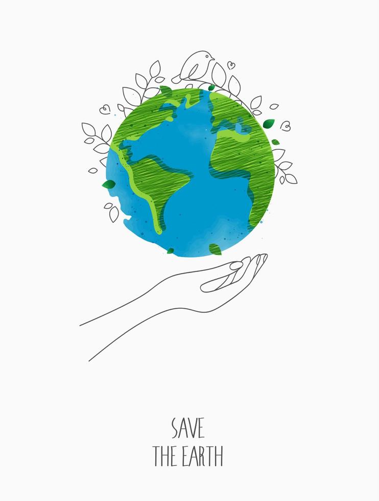 concepto ecológico. eco con el globo, mapa mundial y manos para salvar el medio ambiente, salvar el planeta verde limpio, concepto ecológico. tarjeta para el día mundial de la tierra. diseño vectorial vector