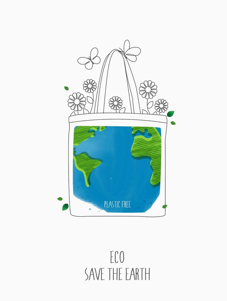 Plastic free ecological. NO to plastic and polyethylene bags with green sprout and leaves. environment earth day on nature field grass forest conservation concept. vector design